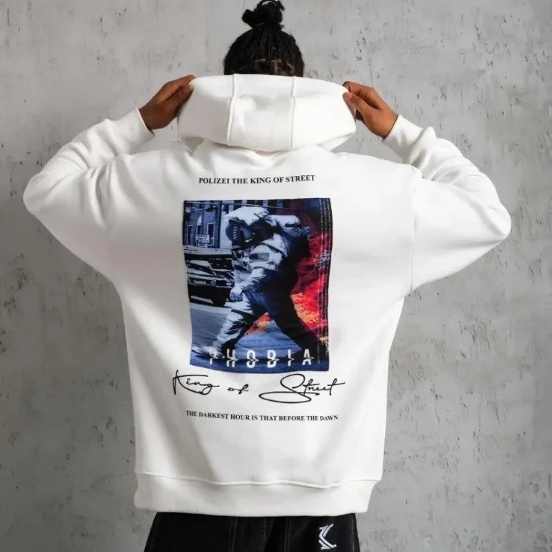 Muški bijeli oversize 3-niti pamučni s kapuljačom tiskani s džepom sweatshirt