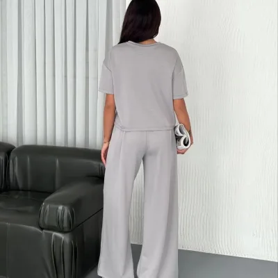 Women's Gray Oversize Scoop Neck Printed Set 8