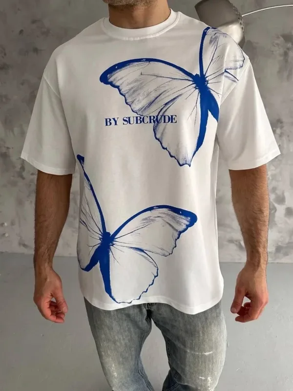 Машки бел oversize велосипед јака печатена маица 1