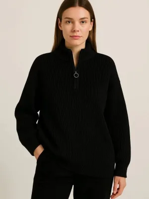 Women's Black Oversized Stand Collar Half Zip Knit Sweater