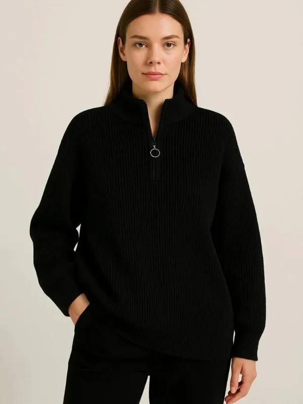 Women's Black Oversized Stand Collar Half Zip Knit Sweater 1