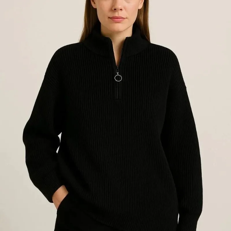 Women's Black Oversized Stand Collar Half Zip Knit Sweater