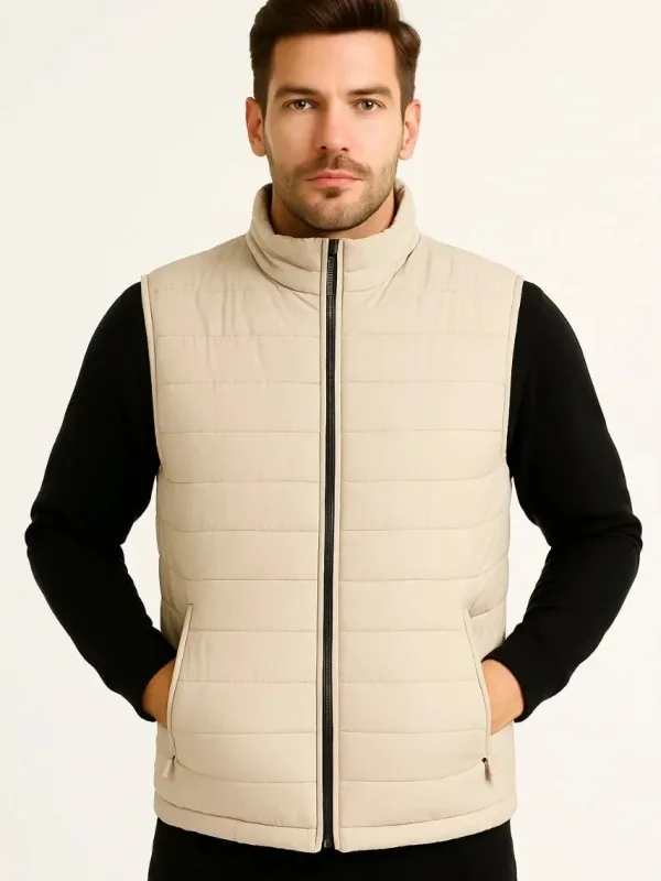 Vest for Men, Beige, Waterproof, Zippered, Quilted, Puffy 2