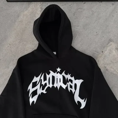 Férfi fekete 3 szálas pamut nyomott kapucnis kenguru zsebes sweatshirt 2