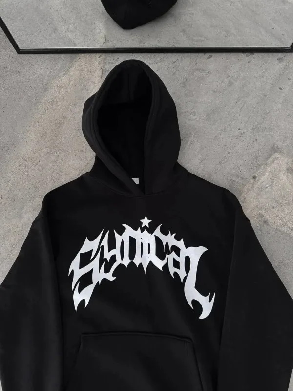 Férfi fekete 3 szálas pamut nyomott kapucnis kenguru zsebes sweatshirt 2