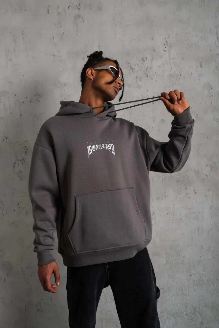 Bărbați Gri Oversize 3 Fire Bumbac Capușon Imprimat Sweatshirt