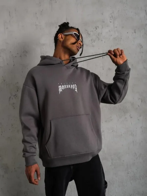 Bărbați Gri Oversize 3 Fire Bumbac Capușon Imprimat Sweatshirt 1