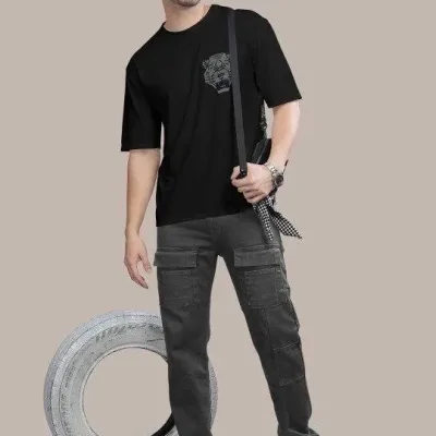 Muška crna bicikli kragna lav štampana oversized majica 4