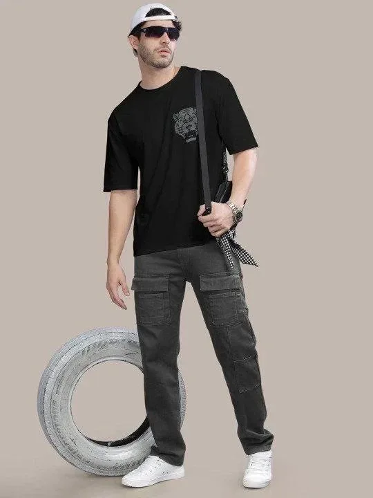 Muška crna bicikli kragna lav štampana oversized majica 4