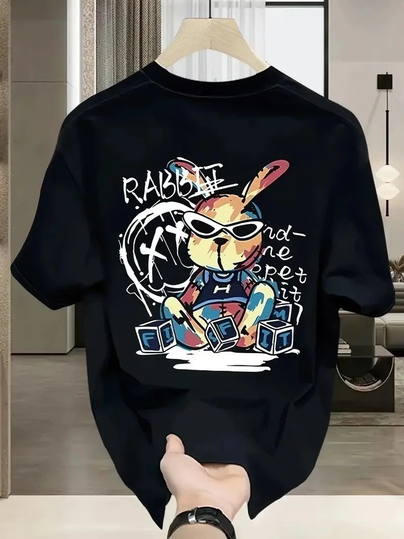 Ανδρικό Μαύρο Λαγός Εκτύπωση Κοντό Μανίκι T-Shirt