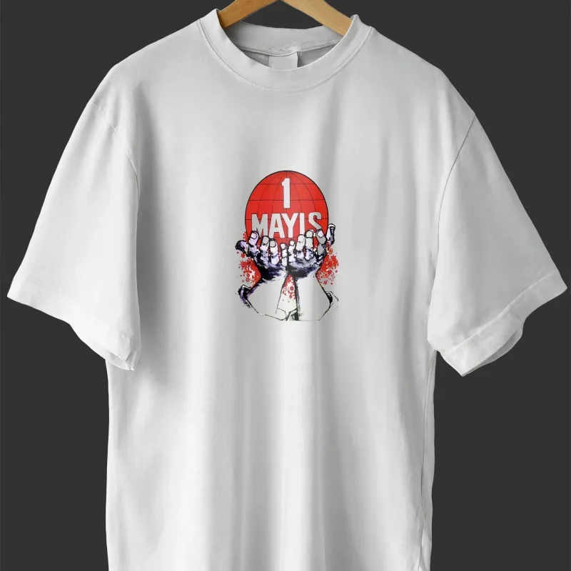 Машки бел oversize 1 Мај печатење велосипед јака маица