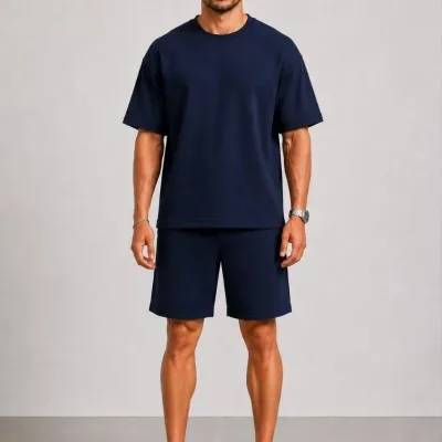 Kişi Tünd Göy Oversize Modal Yumşaq Teksturlu Cibli Kostyum 3