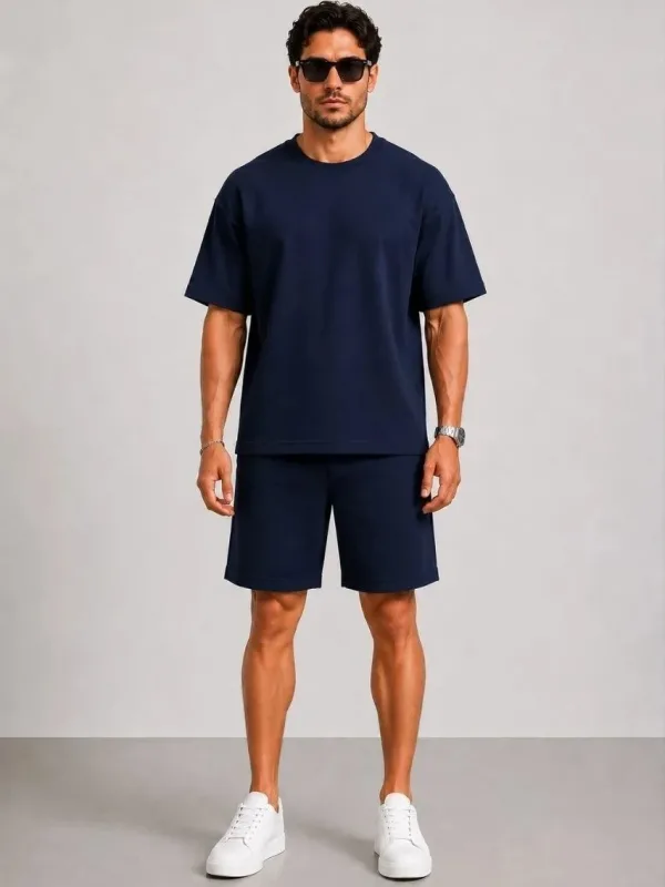 Kişi Tünd Göy Oversize Modal Yumşaq Teksturlu Cibli Kostyum 3
