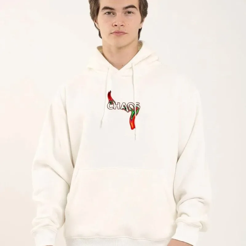 Mêr Spî Oversize 3 Têl Pembû Hoodie Çapkirî