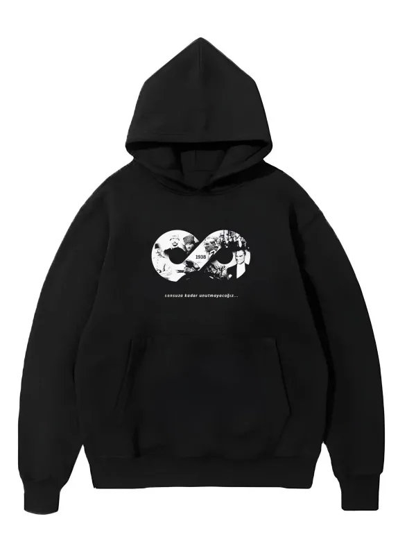 Męski Czarny 3-nitkowy Bawełniany Kieszeń Kaptur Sweatshirt 2