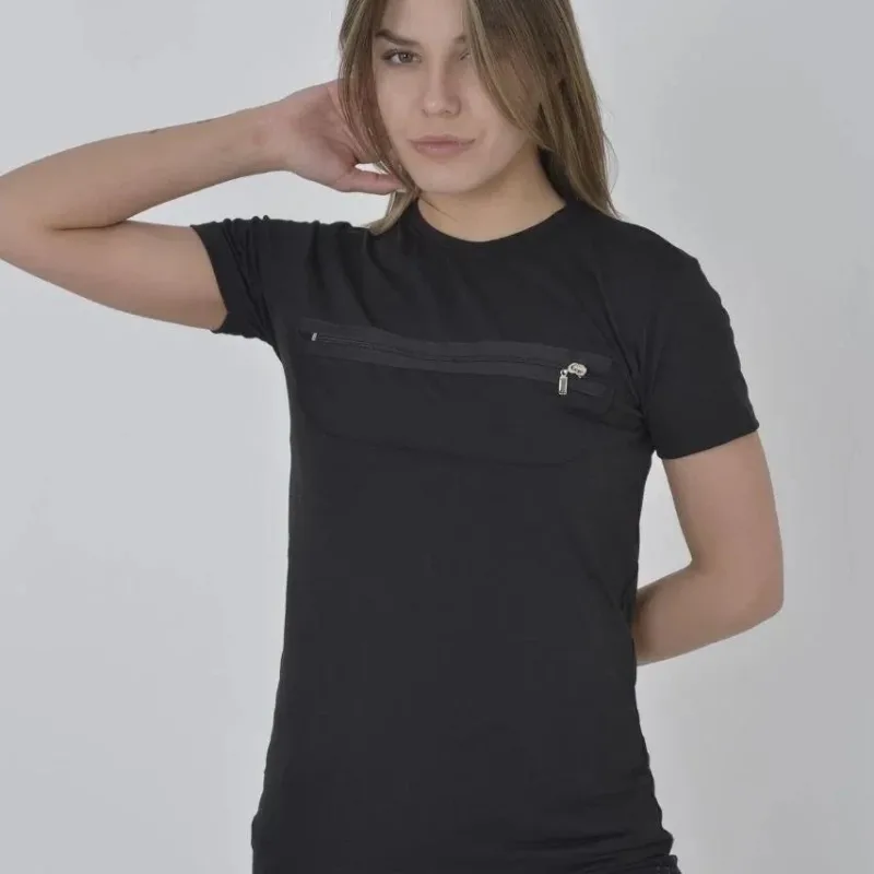 Γυναικείο Μαύρο Στενό T-shirt με Στρογγυλή Λαιμόκοψη και Φερμουάρ στο Στήθος