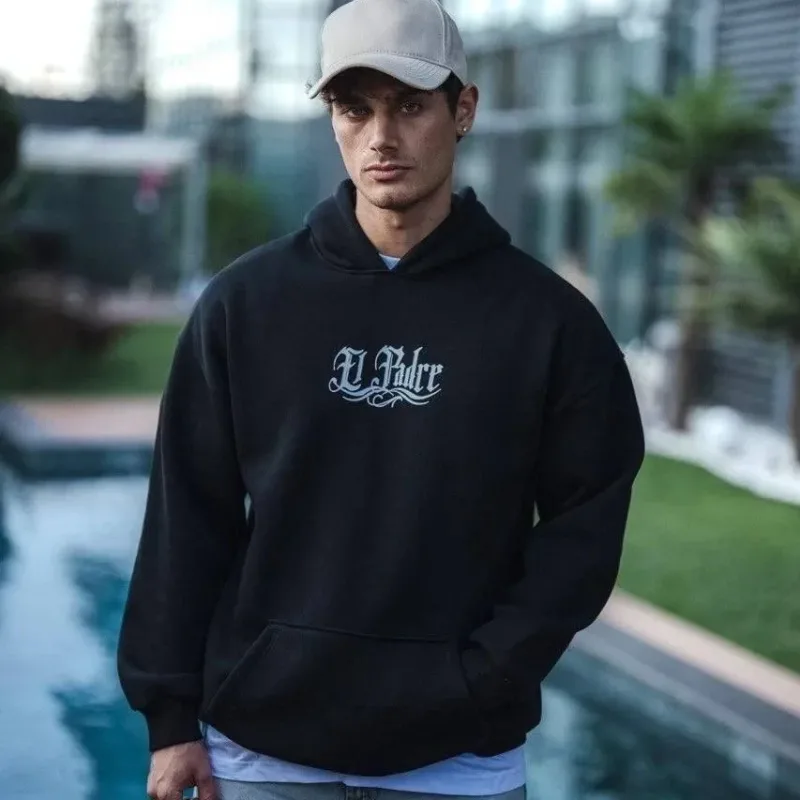 Muški crni oversize 3-nitni pamučni kapuljač s printom, sweatshirt