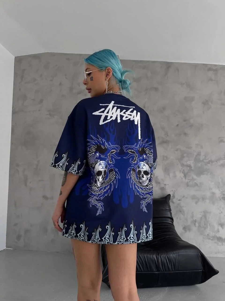 Erkek Lacivert Oversize Bisiklet Yaka Baskılı Tişört