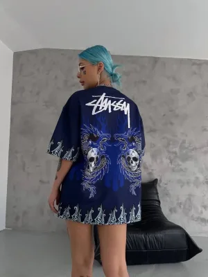 Bluzë Mashkulli Blu e Errët Oversize me Jakë Biçiklete dhe Printim