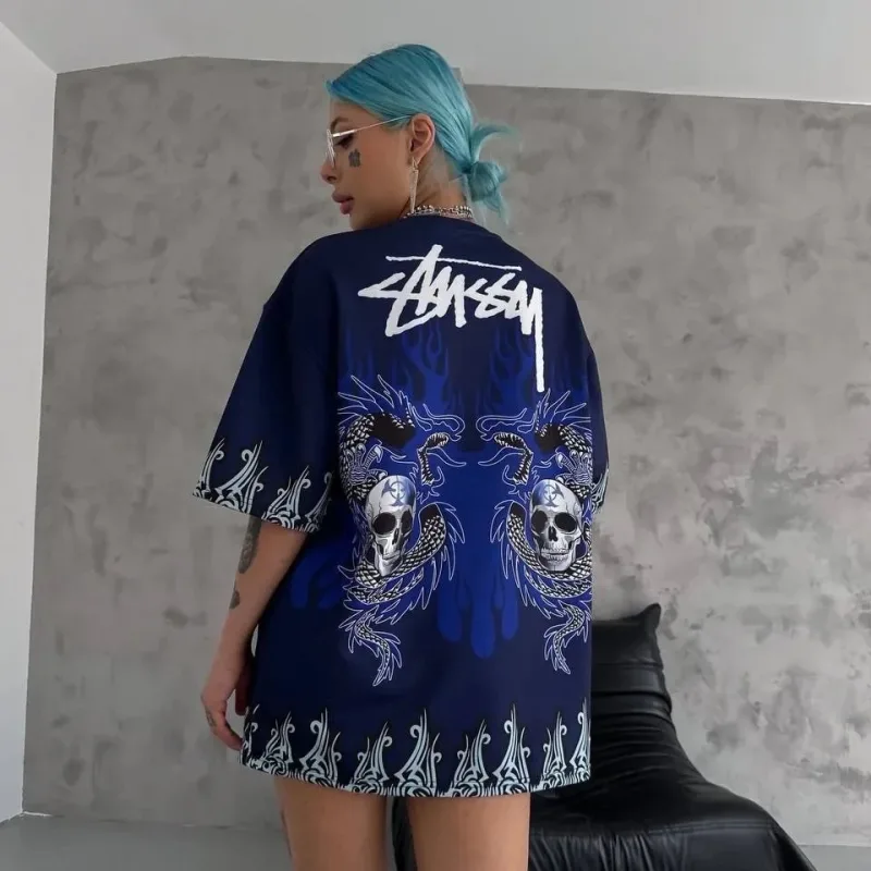 Bărbat Tricou Bleumarin Oversize cu Guler Bicicletă, Imprimeu