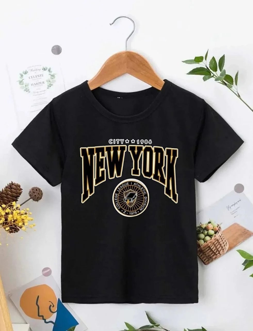 Παιδικό Μαύρο Τυπωμένο Βαμβακερό Χαλαρό T-Shirt