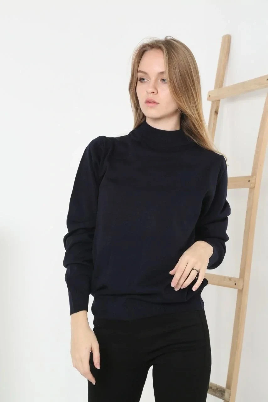 Women's Black Soft Texture Half Turtleneck Cotton Knit Sweater