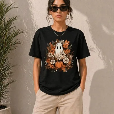 Women's Black Oversize Pumpkin Ghost Printed T-Shirt 3