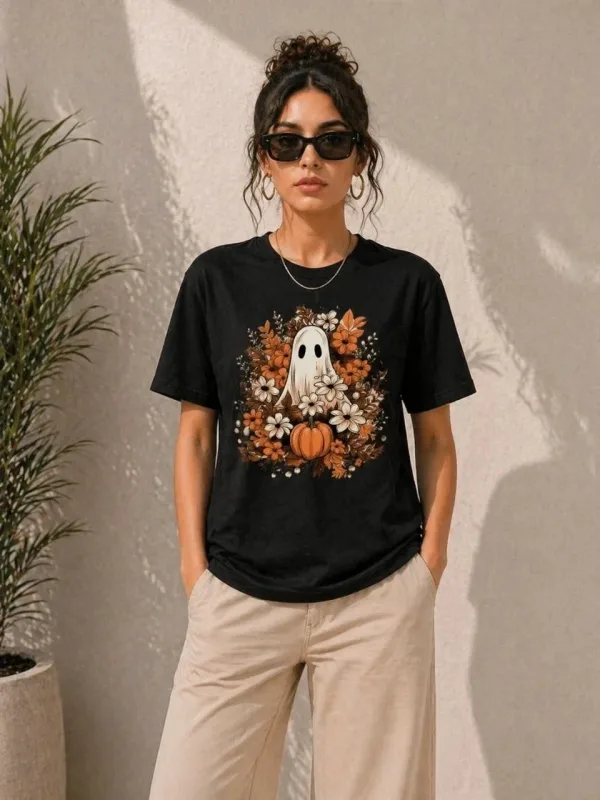 Women's Black Oversize Pumpkin Ghost Printed T-Shirt 3