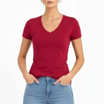 Dámske tričko V-výstrih slim fit s lycrou, letné basic body - červené 2