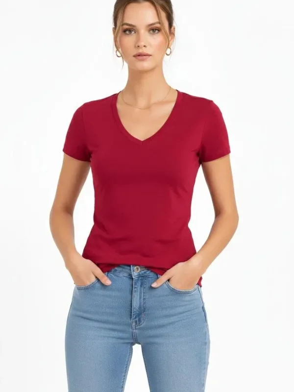 Dámske tričko V-výstrih slim fit s lycrou, letné basic body - červené 2