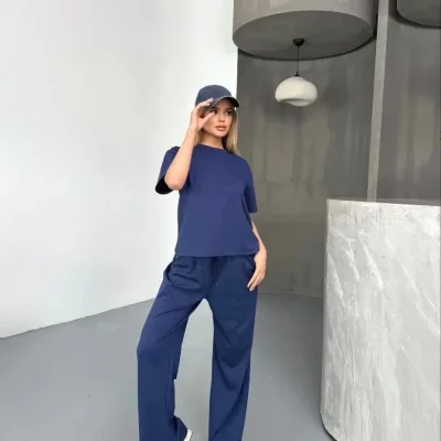 Női sötétkék oversize soft modál anyagú rövid ujjú blúz nadrág szett 1