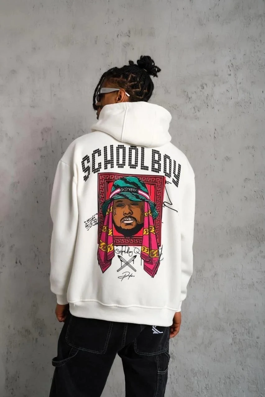 Men's White Oversize 3-Thread Cotton Hooded Printed Sweatshirt with Pockets