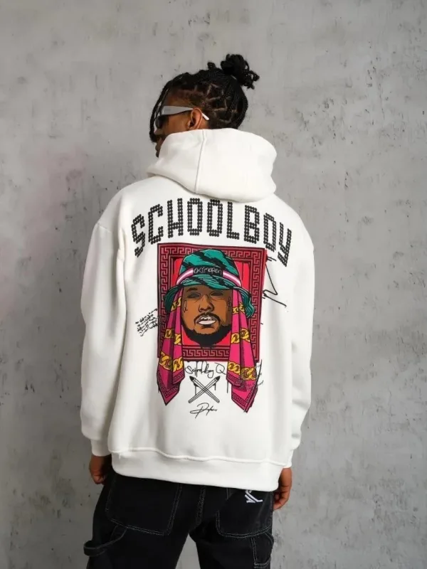 Muški bijeli oversize 3-niti pamučni s kapuljačom tiskani s džepom sweatshirt