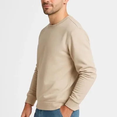 Muška bež 3 niti pamučna običan biciklistički ovratnik sweatshirt 2