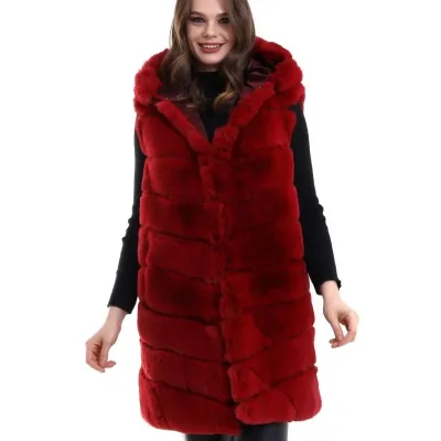 Women's Red Genuine Fur Hooded Vest 7