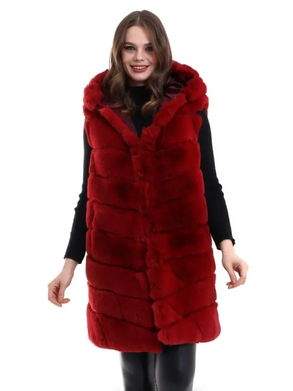 Women's Red Genuine Fur Hooded Vest 7