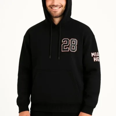 Férfi fekete 3 szálas pamut kapucnis kenguru zsebes nyomott sweatshirt 2