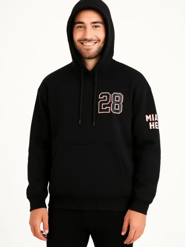 Férfi fekete 3 szálas pamut kapucnis kenguru zsebes nyomott sweatshirt 2