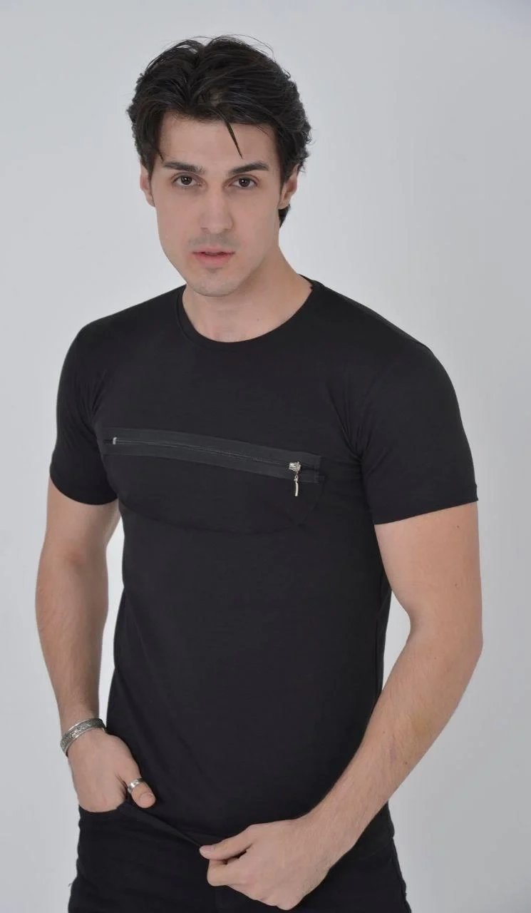 Ανδρικό Μαύρο Slim Fit Ποδήλατο Λαιμό Φερμουάρ Στήθους Μπλουζάκι