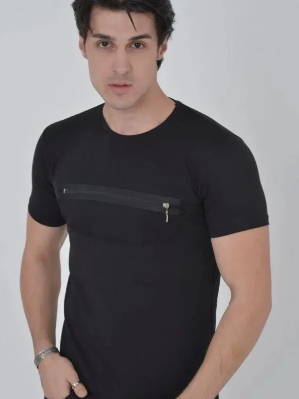 Tîşorta Reş a Slim Fit, Stûyê Bisîkletê, Bi Zîpê Sîngê 1