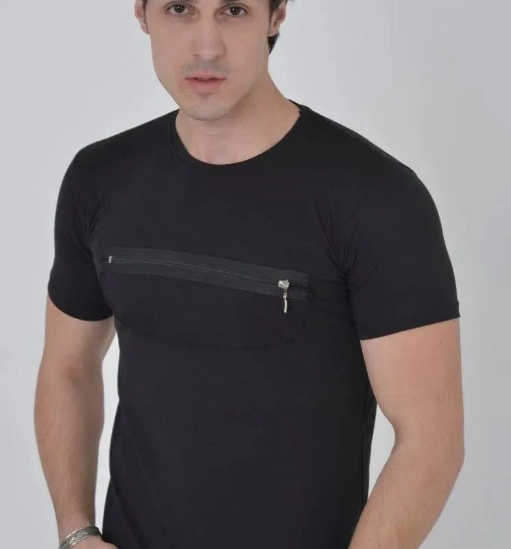 Tîşorta Reş a Slim Fit, Stûyê Bisîkletê, Bi Zîpê Sîngê