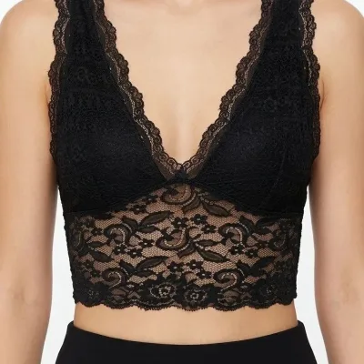Damski czarny bralet crop top z koronką, dekolt w serek, na ramiączkach, elastyczny 4