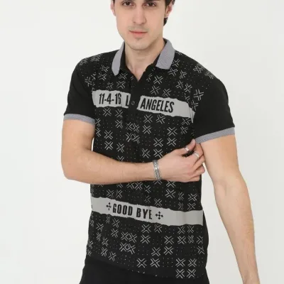 Muški crni slim fit s printom polo ovratnik kratki rukav majica 3
