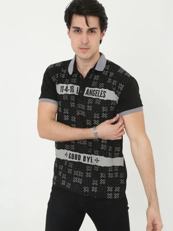 Muški crni slim fit s printom polo ovratnik kratki rukav majica 3
