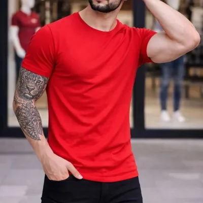 Kişi Qırmızı Slim Fit Likralı Velosiped Yaka Body Köynək 4