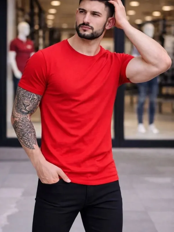 Kişi Qırmızı Slim Fit Likralı Velosiped Yaka Body Köynək 4