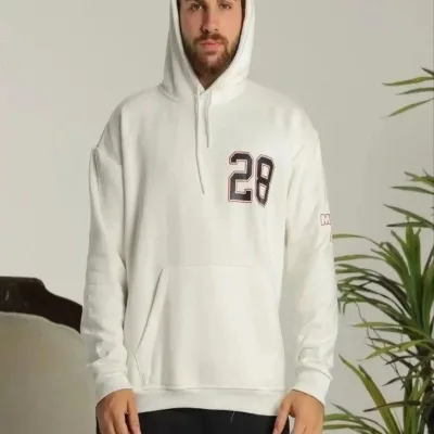 Męska biała oversize 3-nitkowa bawełniana bluza z kapturem, nadrukiem i kieszeniami 2