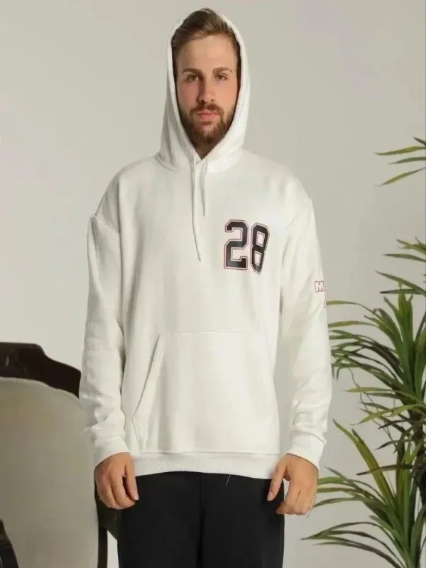 Męska biała oversize 3-nitkowa bawełniana bluza z kapturem, nadrukiem i kieszeniami 2
