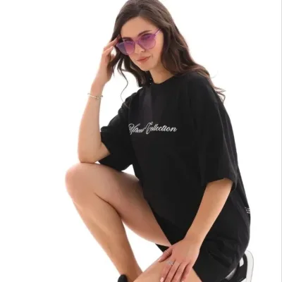 Γυναικείο Μαύρο Oversize Στρογγυλή Λαιμόκοψη Τυπωμένο T-Shirt 3