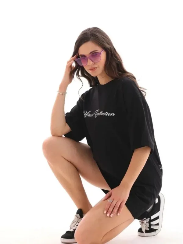 Γυναικείο Μαύρο Oversize Στρογγυλή Λαιμόκοψη Τυπωμένο T-Shirt 3